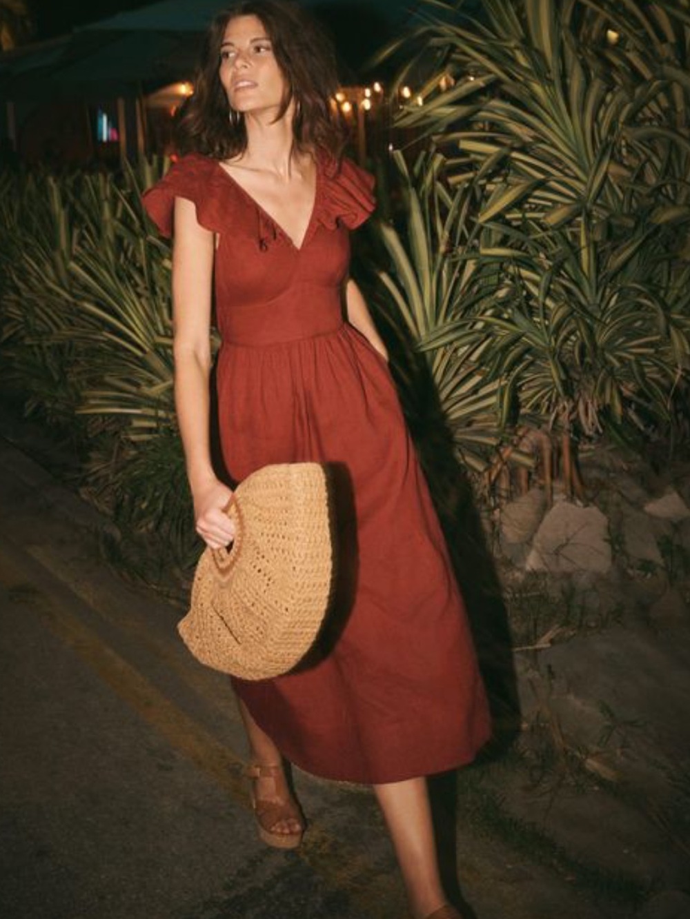 Boden Burnt Orange Rust Mega Ruffle Linen Bow Tie Back Midi / Maxi Dress Size 6